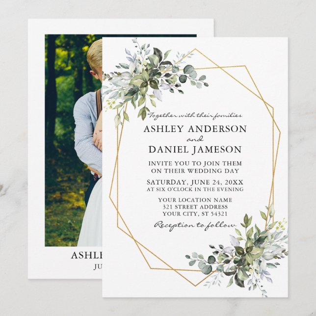 Aquarellgrün Geo Rahmen Foto Back Wedding Einladung (Vorne/Hinten)