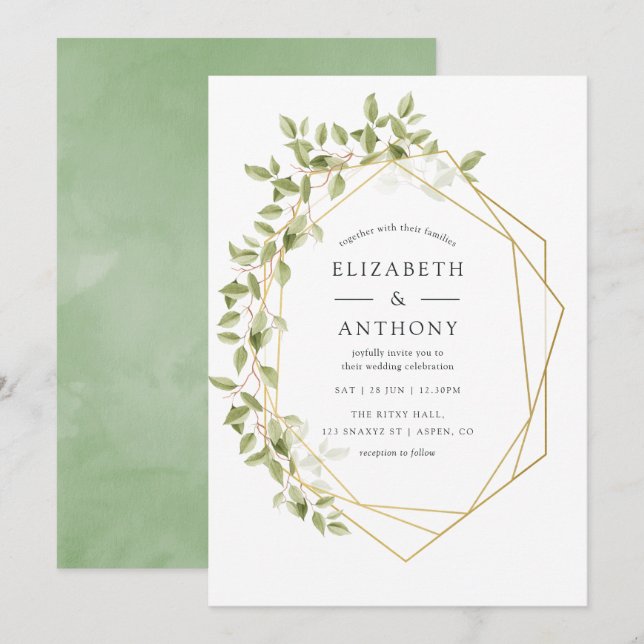 Aquarellgrün Geometrische Hochzeitseinladung Einladung (Vorne/Hinten)