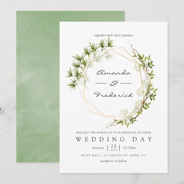 Aquarellgrün Geometrische Hochzeitseinladung Einladung (Vorne/Hinten)
