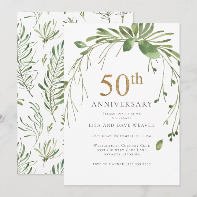 Aquarellgrün Gold 50 Jahre Jubiläum Einladung (Vorne/Hinten)