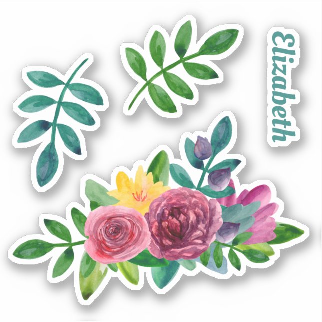 Aquarellgrün mit Blumen. Blume und Blattwerk Aufkleber (Vorderseite)