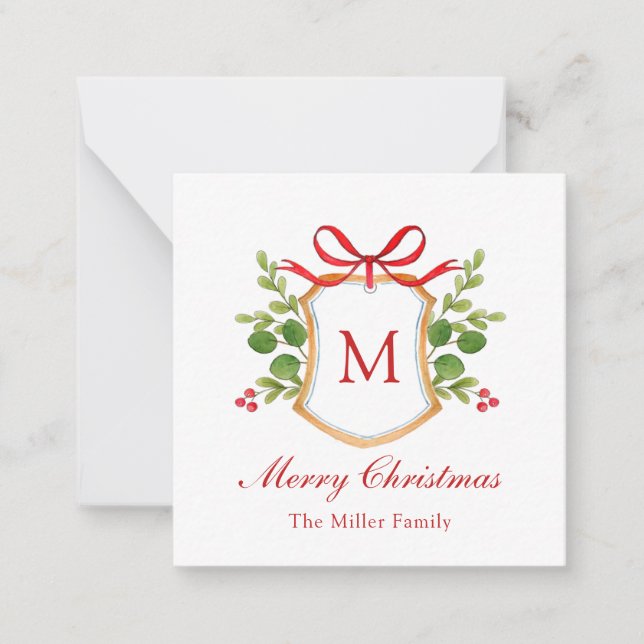 Aquarellgrün Monogram Wappen Weihnachten Mitteilungskarte (Vorderseite)