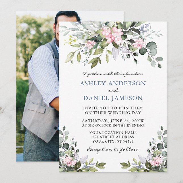 Aquarellgrün Pink Dusty Blue Foto Wedding Einladung (Vorne/Hinten)