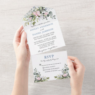 Aquarellgrün Pink Dusty Blue Wedding All In One Einladung