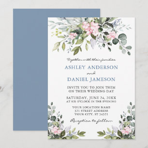 Aquarellgrün Pink Dusty Blue Wedding Einladung