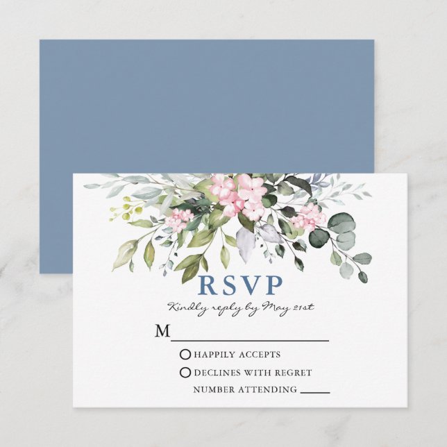 Aquarellgrün Pink Dusty Blue Wedding RSVP Karte (Vorne/Hinten)
