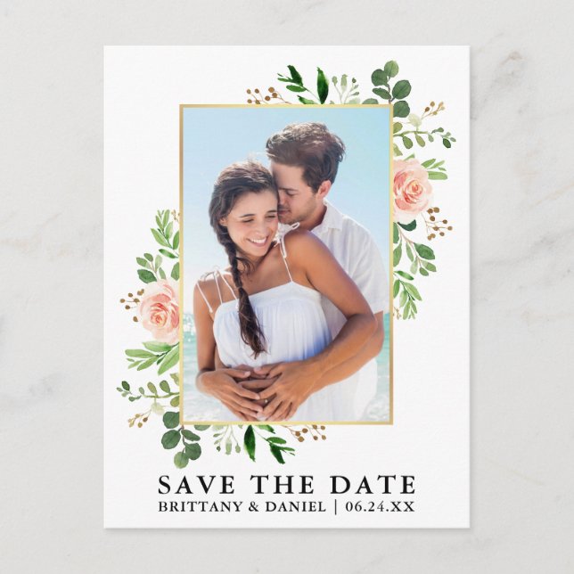 Aquarellgrün Rosa Rosen Save the Date Postkarte (Vorderseite)