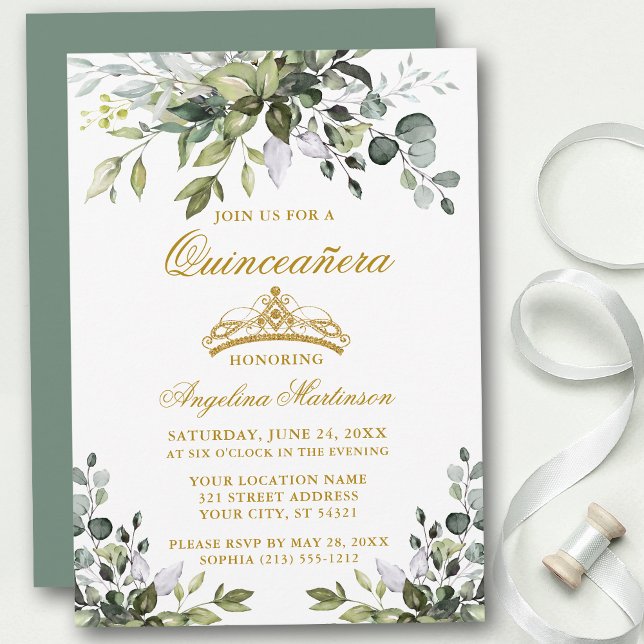 Aquarellgrün Sage Green Quinceañera Gold Einladung (Customize to change text color, style, add text & photos to back or change color of back of card.)