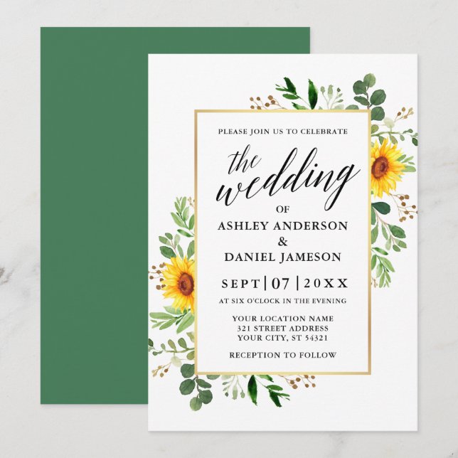 Aquarellgrün Sonnenblumen Calligraphie Hochzeit Einladung (Vorne/Hinten)