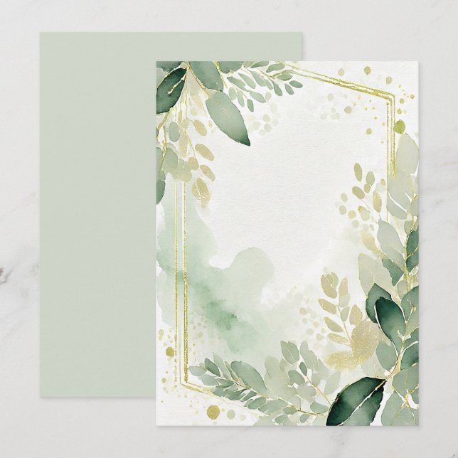 Aquarellgrün und Goldblanke Hochzeit Einladung (Vorne/Hinten)