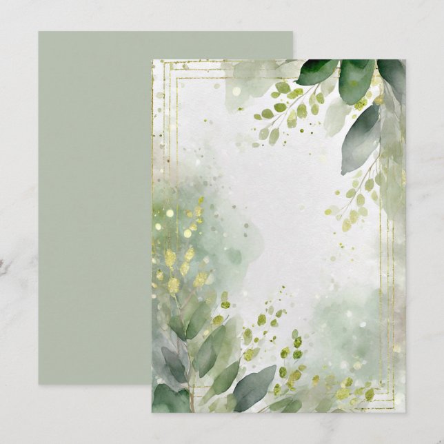 Aquarellgrün und Goldblanke Hochzeit Einladung (Vorne/Hinten)