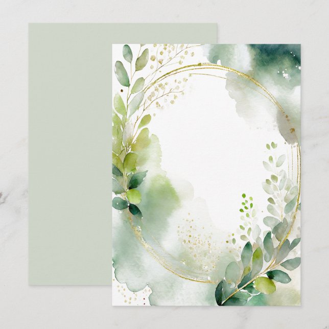 Aquarellgrün und Goldblanke Hochzeit Einladung (Vorne/Hinten)