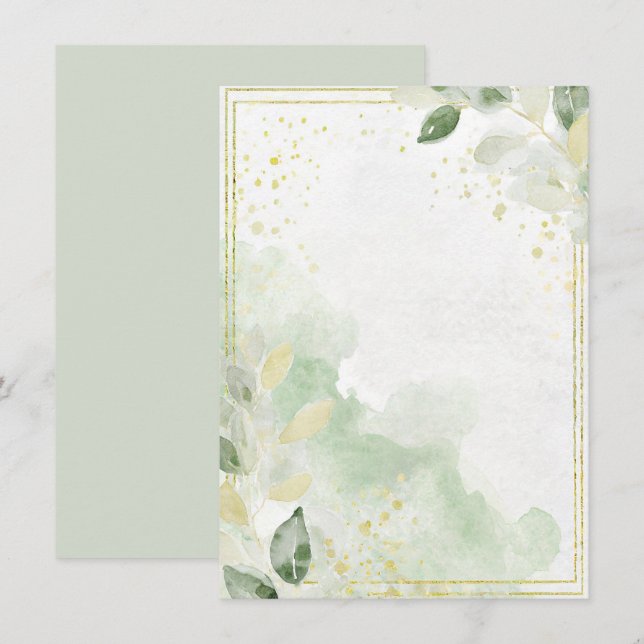 Aquarellgrün und Goldblanke Hochzeit Einladung (Vorne/Hinten)