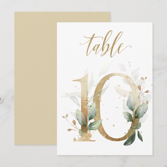 Aquarellgrün und Goldfolien, Tischnummer 10 (Vorne/Hinten)