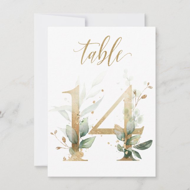 Aquarellgrün und Goldfolien, Tischnummer 14 (Vorderseite)