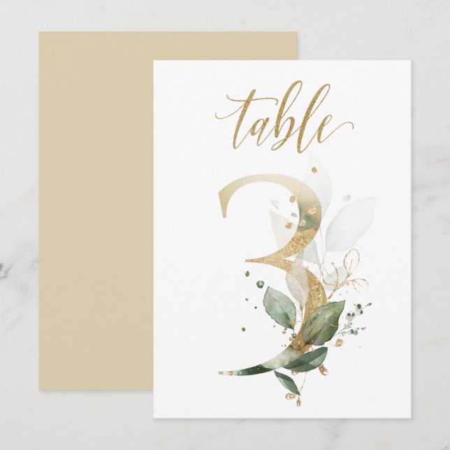 Aquarellgrün und Goldfolien, Tischnummer 3 (Vorne/Hinten)