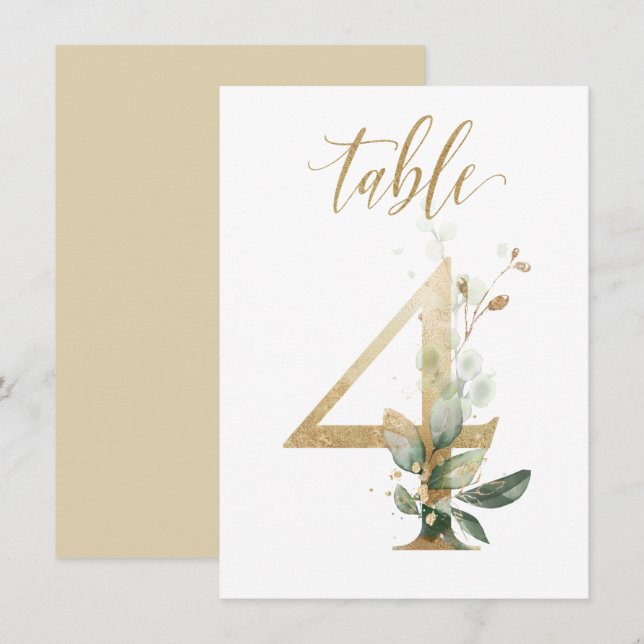 Aquarellgrün und Goldfolien, Tischnummer 4 (Vorne/Hinten)