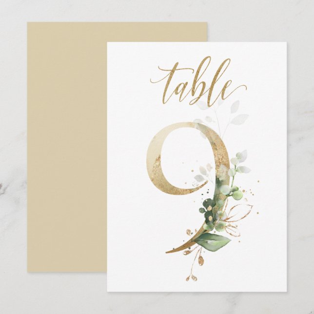 Aquarellgrün und Goldfolien, Tischnummer 9 (Vorne/Hinten)