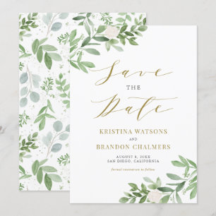 Aquarellgrün und weiße Blume Gold Save The Date