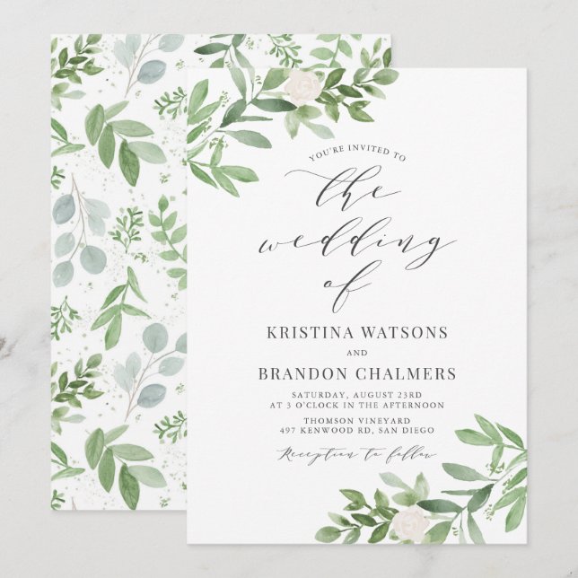 Aquarellgrün und weiße Blume Grau Hochzeit Einladung (Vorne/Hinten)