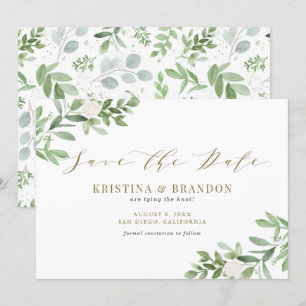 Aquarellgrün und weiße Blume Hochzeit Gold Save The Date