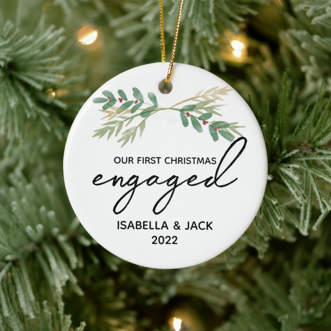 Aquarellgrün Unser erstes Weihnachtsfest Verlobt Keramik Ornament (Baum)