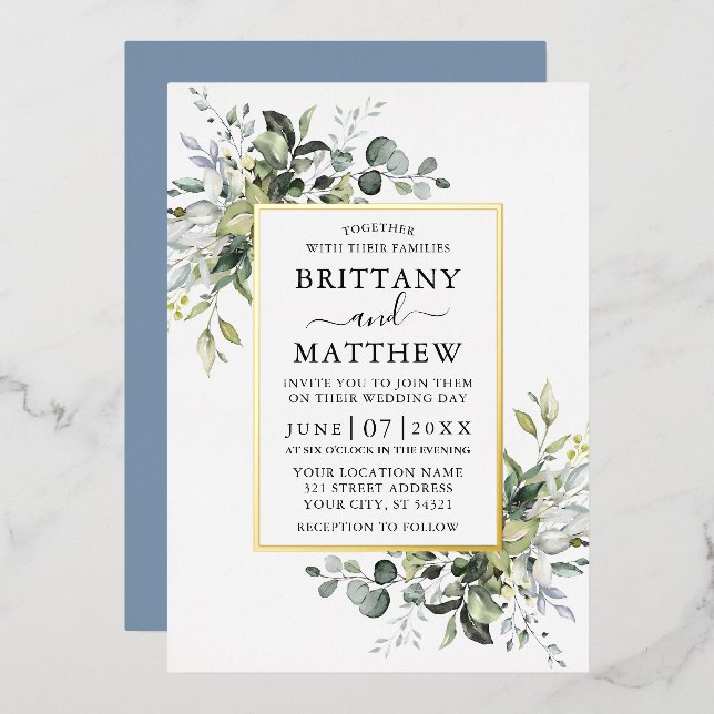 Aquarellgrün Wedding Dusty Blue Gold Folieneinladung (Vorderseite/Rückseite)