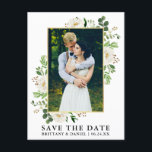 Aquarellgrün Weiße Blüte Save the Date Postkarte<br><div class="desc">Moderne Aquarellfarbe Eukalyptus Grüne Weiße Blume Rahmen Save the Date Foto Verlobung Ankündigung Postcard - Goldrahmen</div>