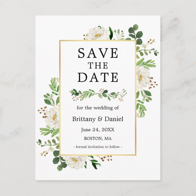 Aquarellgrün Weiße Blüte Save the Date Postkarte (Vorderseite)