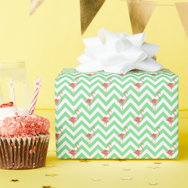 Aquarellgrün Zickzack rosa Flamingos Geschenkpapier (Geburtstagsparty)