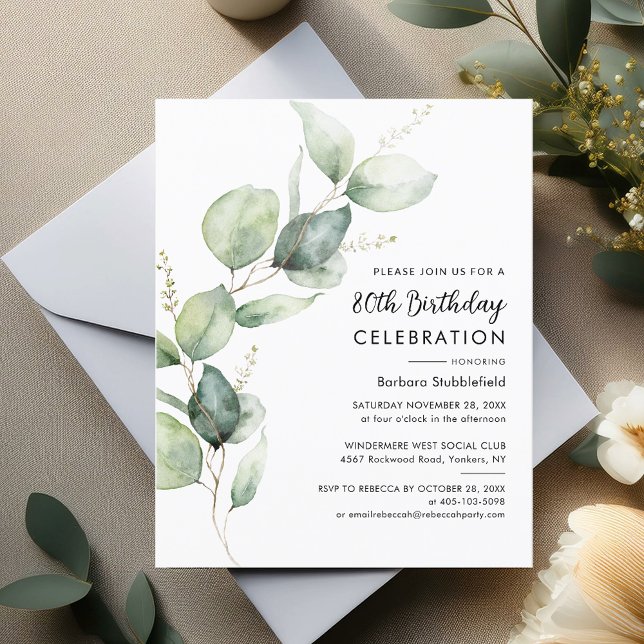 Aquarellgrüne 80. Geburtstagsparty Einladung (80th Birthday Party Eucalyptus Stem Invitation)