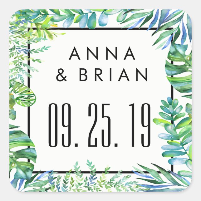 Aquarellgrüne Blätter Save the Date Siegel Quadratischer Aufkleber (Vorderseite)