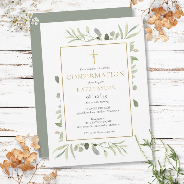 Aquarellgrüne Goldene Bestätigung Einladung (Watercolor Greenery Gold Confirmation Invitation)