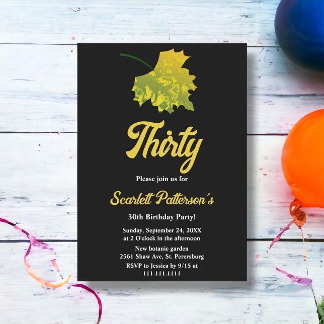 Aquarellgrüne Herbstlaube Schwarz 30. Geburtstag Einladung (Von Creator hochgeladen)