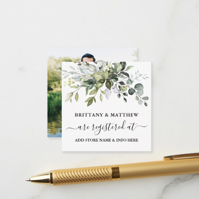 Aquarellgrüne Hochzeitskanzlei Foto Begleitkarte (Vorderseite/Rückseite Beispiel)