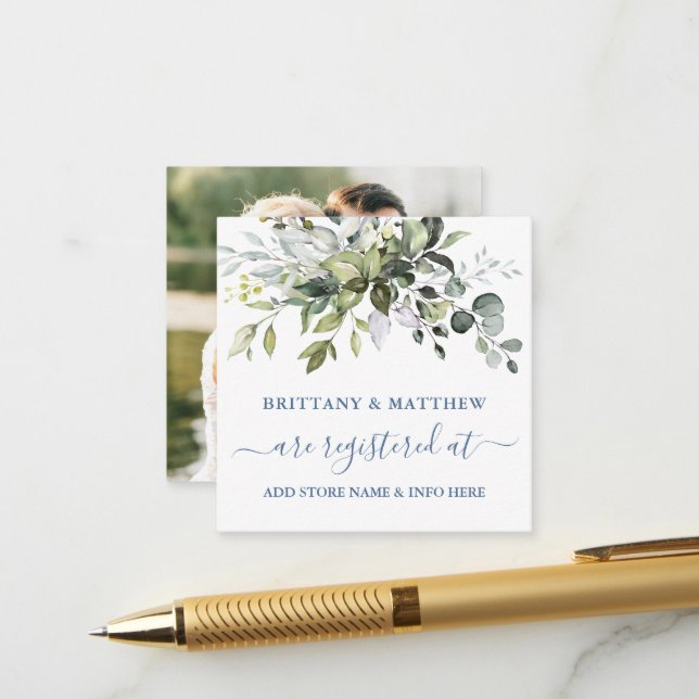 Aquarellgrüne Registrierung Foto Dusty Blue Begleitkarte (Vorderseite/Rückseite Beispiel)