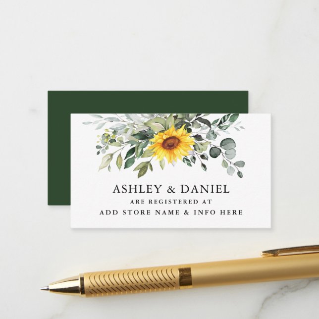Aquarellgrüne Sonnenblumen-Hochzeitsregister Begleitkarte (Vorderseite/Rückseite Beispiel)