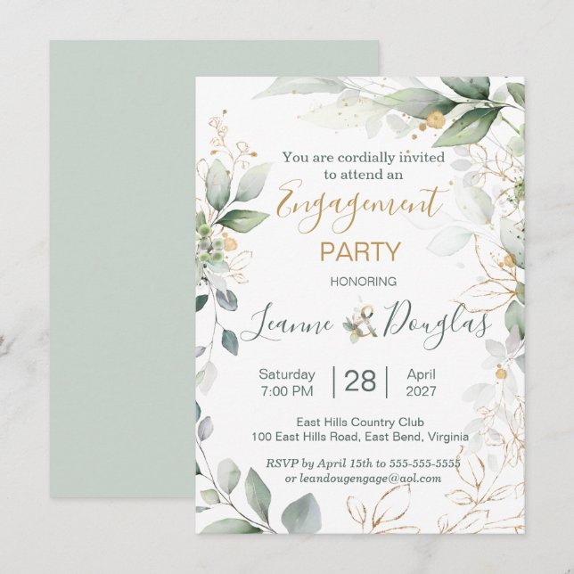 Aquarellgrüne und goldene Blätter Engagement Parte Einladung (Vorne/Hinten)