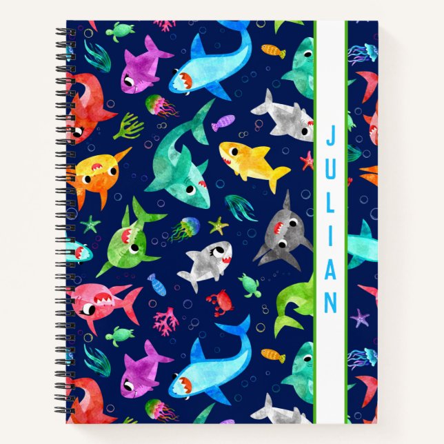Aquarellhai Familie Adorable Personalisiert Notizbuch (Vorderseite)