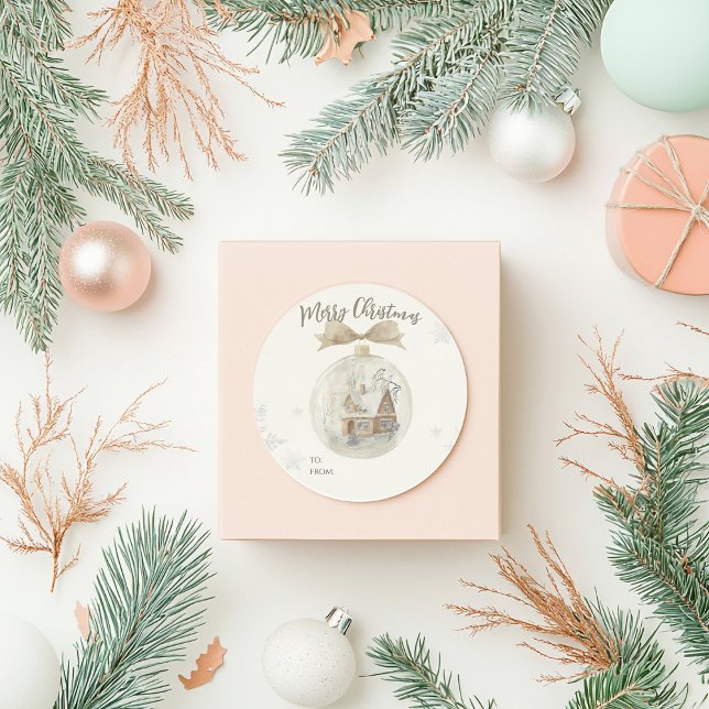 Aquarellhaus in Snow Globe Weihnachten Runder Aufkleber (Von Creator hochgeladen)