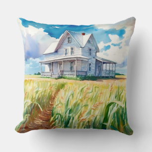 Aquarellhaus und Maisfeldröhre Kissen