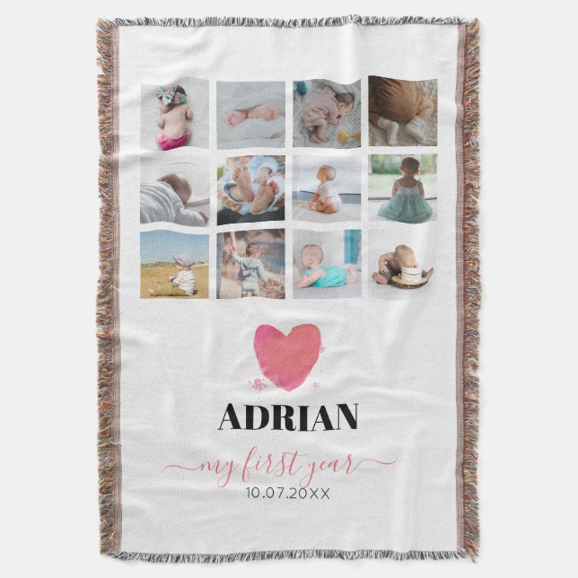 Aquarellherz Baby's First Year Foto Collage Decke (Vorderseite Vertikal)