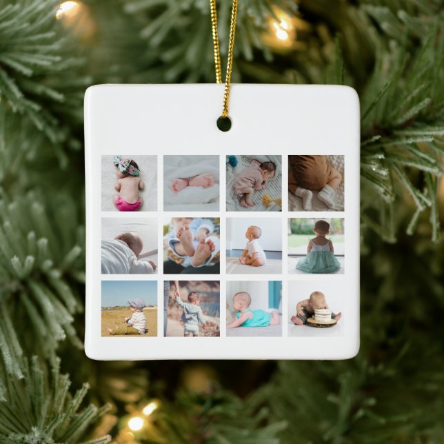 Aquarellherz Baby's First Year Foto Collage Keramikornament (Baum)