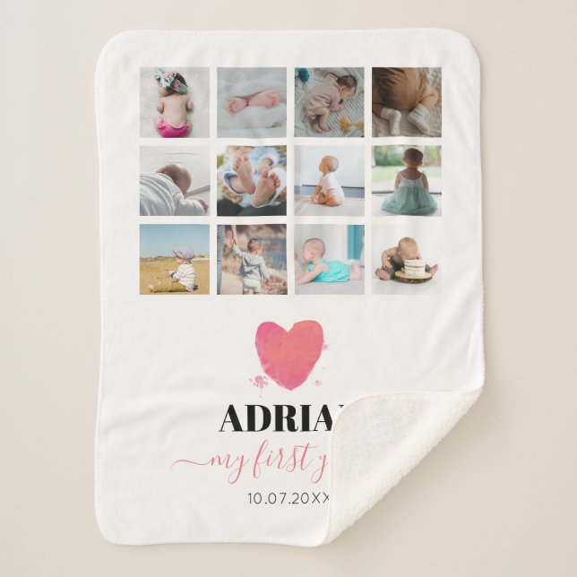 Aquarellherz Baby's First Year Foto Collage Sherpadecke (Vorderseite)