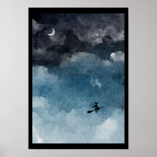 Aquarellhexe auf einem dunklen Nachthimmel Poster