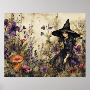 Aquarellhexe mit Blumen Poster