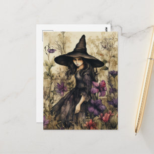 Aquarellhexe mit Blumen Postkarte