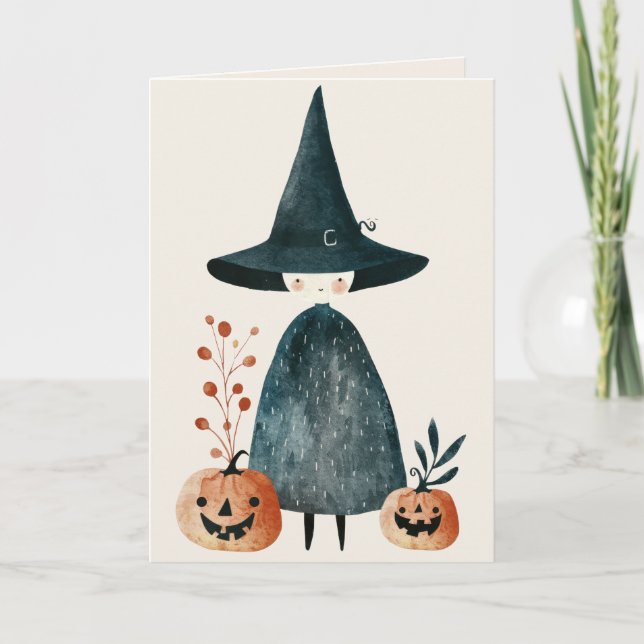 Aquarellhexe und Kürbislaternen glückliches Hallow Karte (Vorderseite)