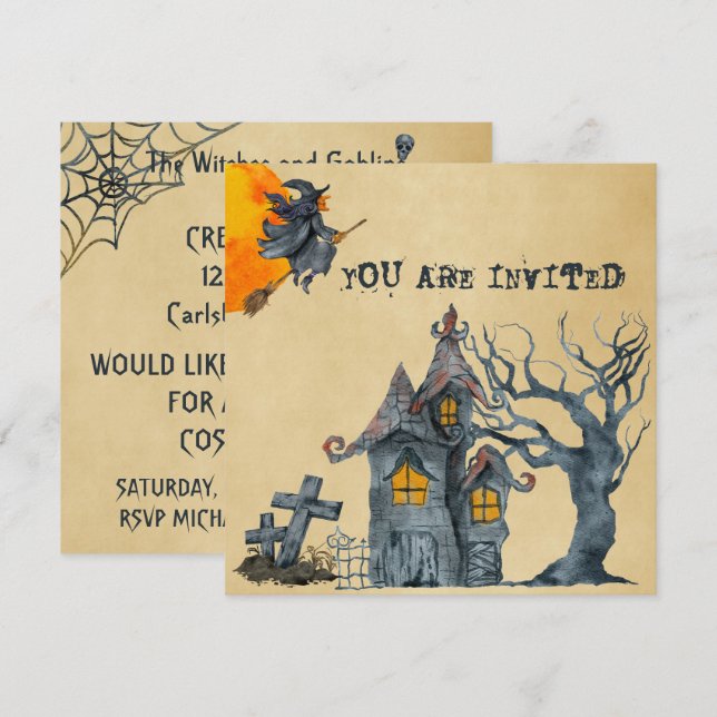 Aquarellhexen Goblins Halloween Party der Kostüme Einladung (Vorne/Hinten)