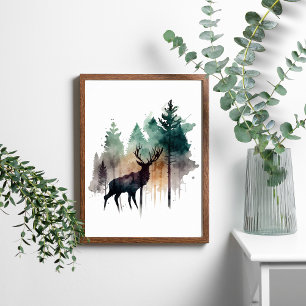 Aquarellhirsch in Wald Bäumen Natur  Poster